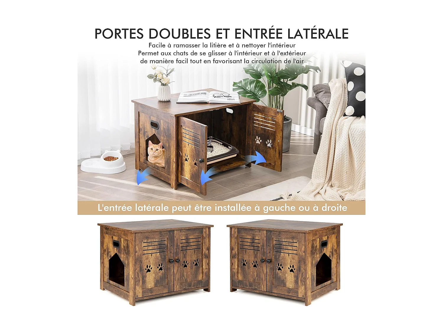 Meuble Litiere Chat avec Portes à Persiennes et 2 poignées découpées Style Industriel, 70 x 52 x 51 CM