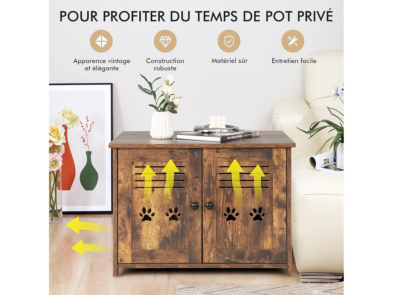 Meuble Litiere Chat avec Portes à Persiennes et 2 poignées découpées Style Industriel, 70 x 52 x 51 CM