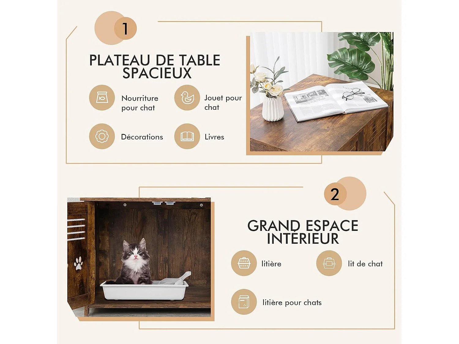 Meuble Litiere Chat avec Portes à Persiennes et 2 poignées découpées Style Industriel, 70 x 52 x 51 CM