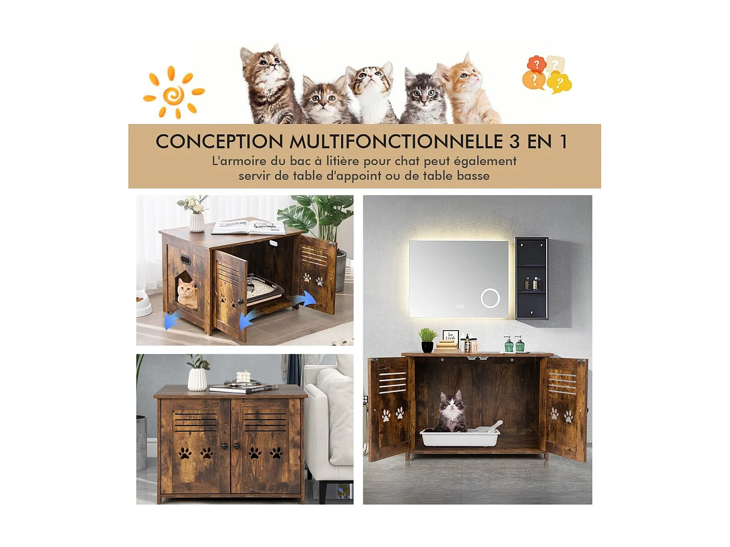 Meuble Litiere Chat avec Portes à Persiennes et 2 poignées découpées Style Industriel, 70 x 52 x 51 CM