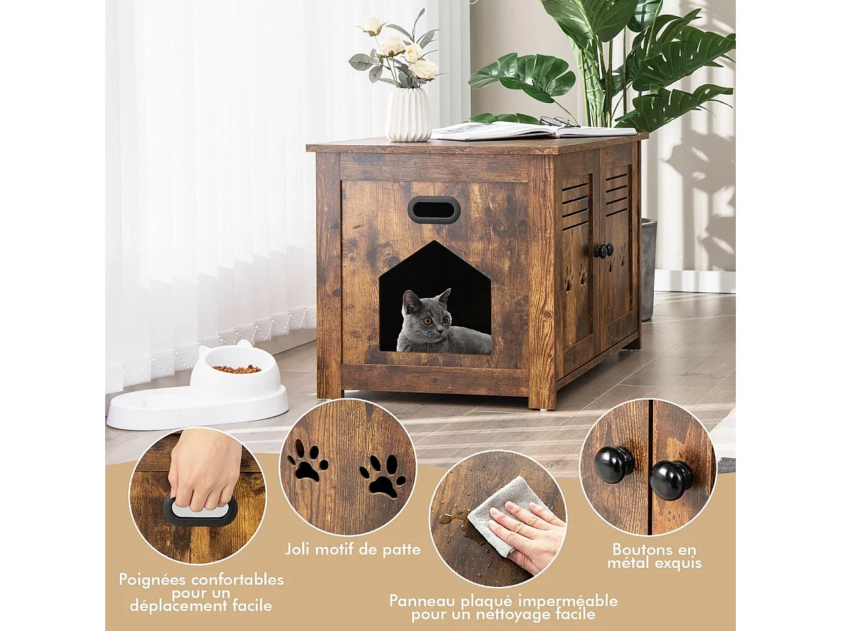 Meuble Litiere Chat avec Portes à Persiennes et 2 poignées découpées Style Industriel, 70 x 52 x 51 CM