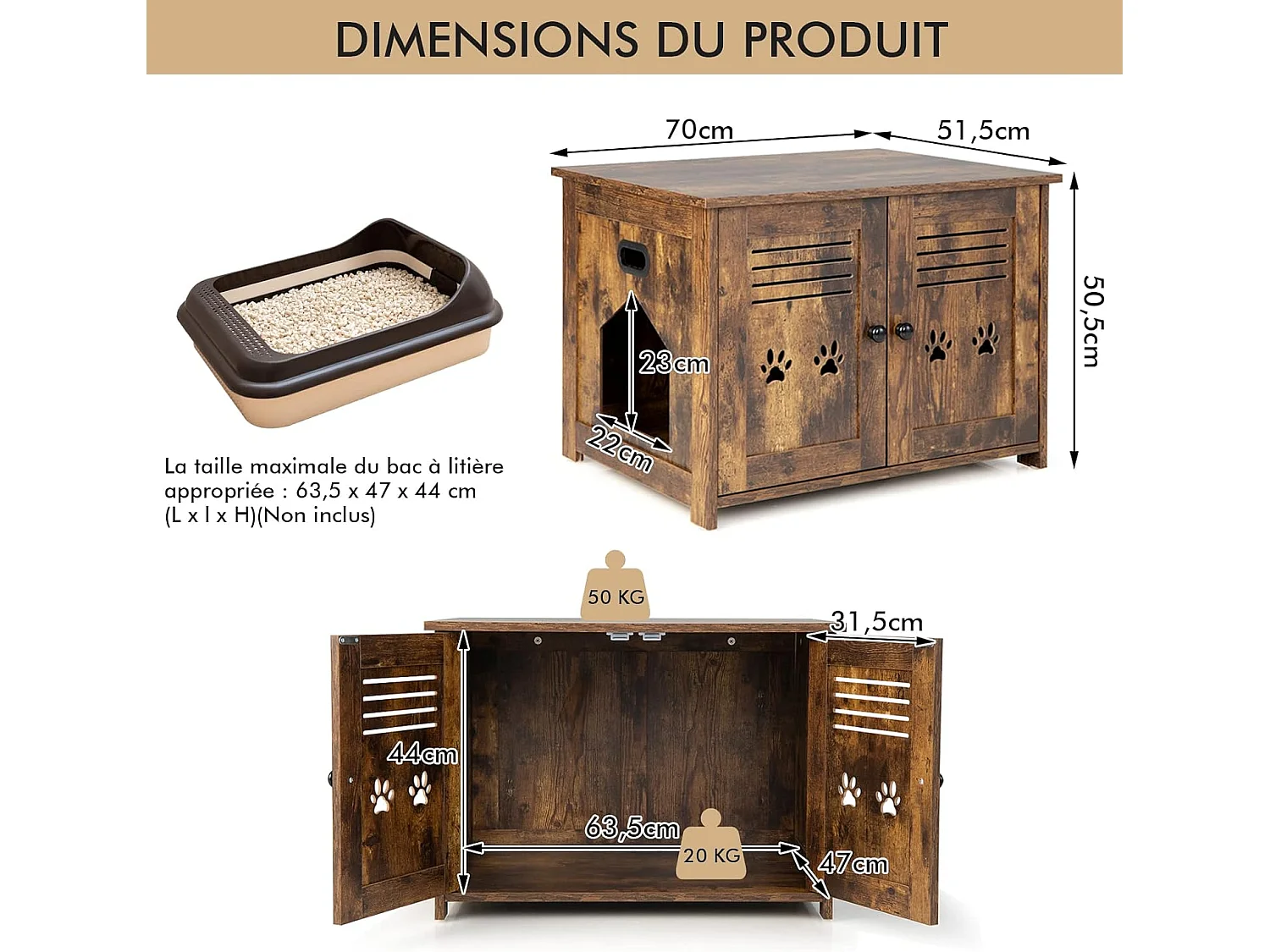 Meuble Litiere Chat avec Portes à Persiennes et 2 poignées découpées Style Industriel, 70 x 52 x 51 CM