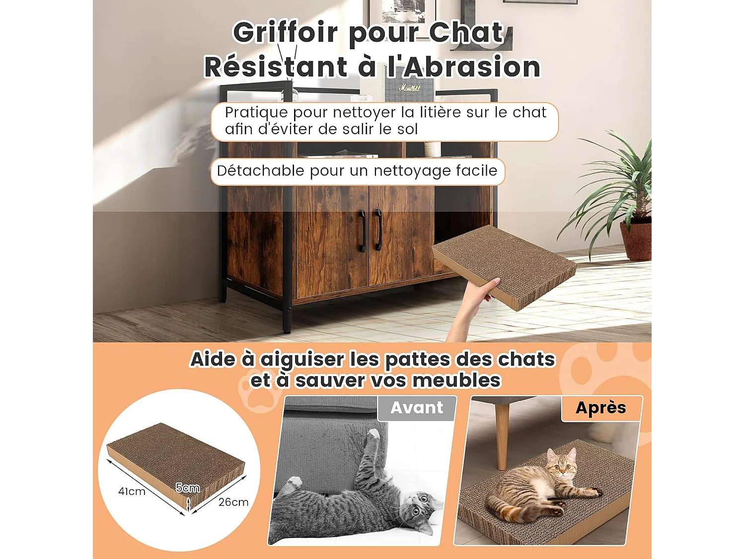 Meuble Litiere Chat Griffoir Amovible Industriel, 89x45x74,5cm Noir