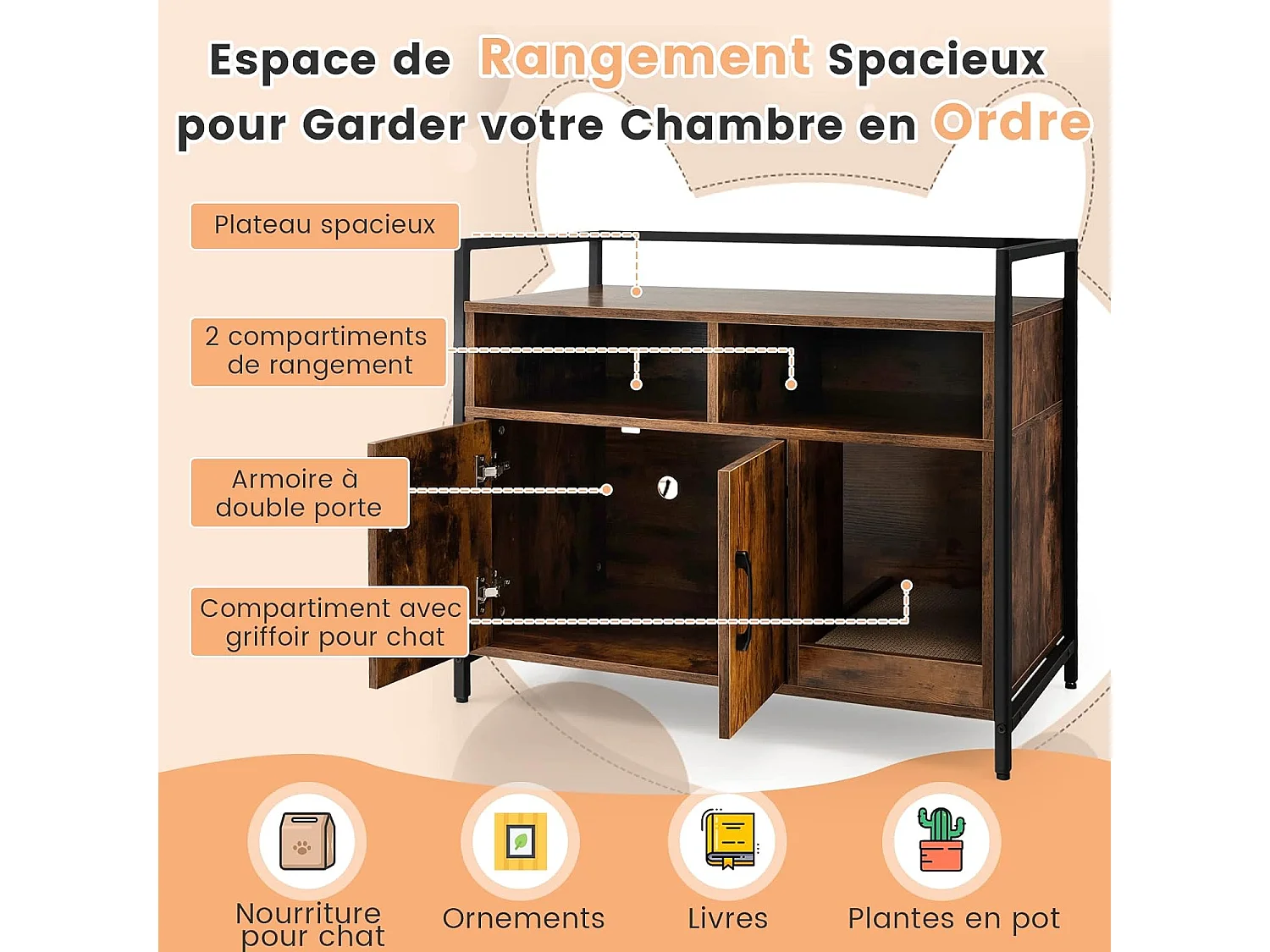 Meuble Litiere Chat Griffoir Amovible Industriel, 89x45x74,5cm Noir