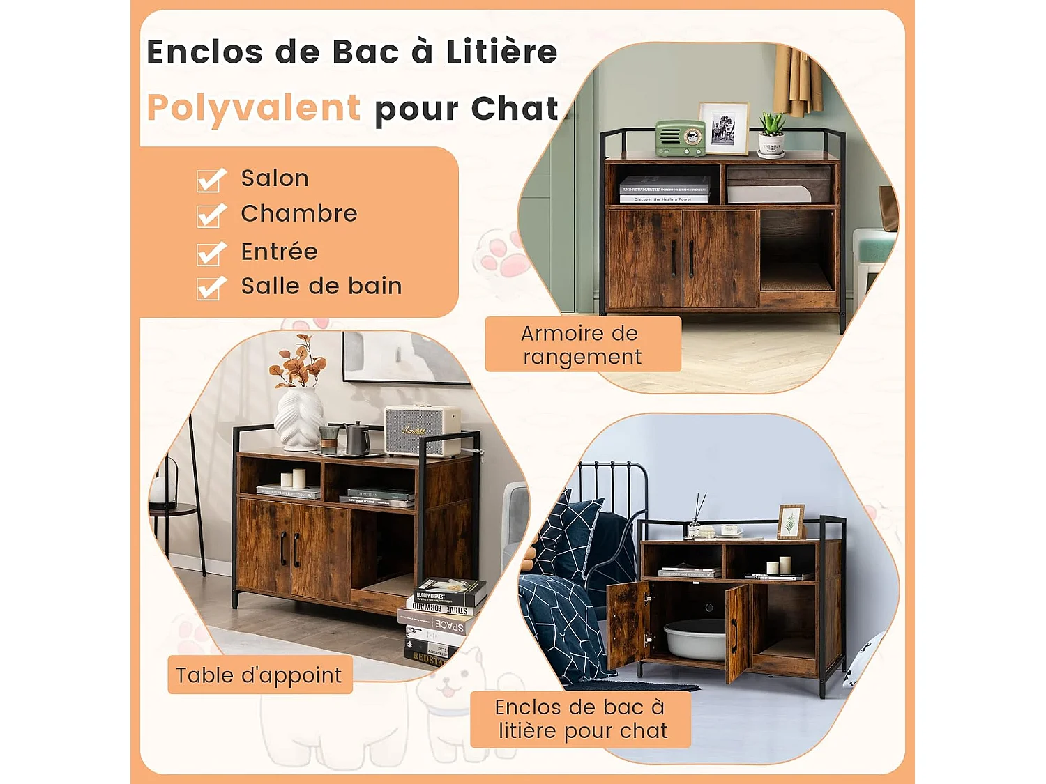 Meuble Litiere Chat Griffoir Amovible Industriel, 89x45x74,5cm Noir
