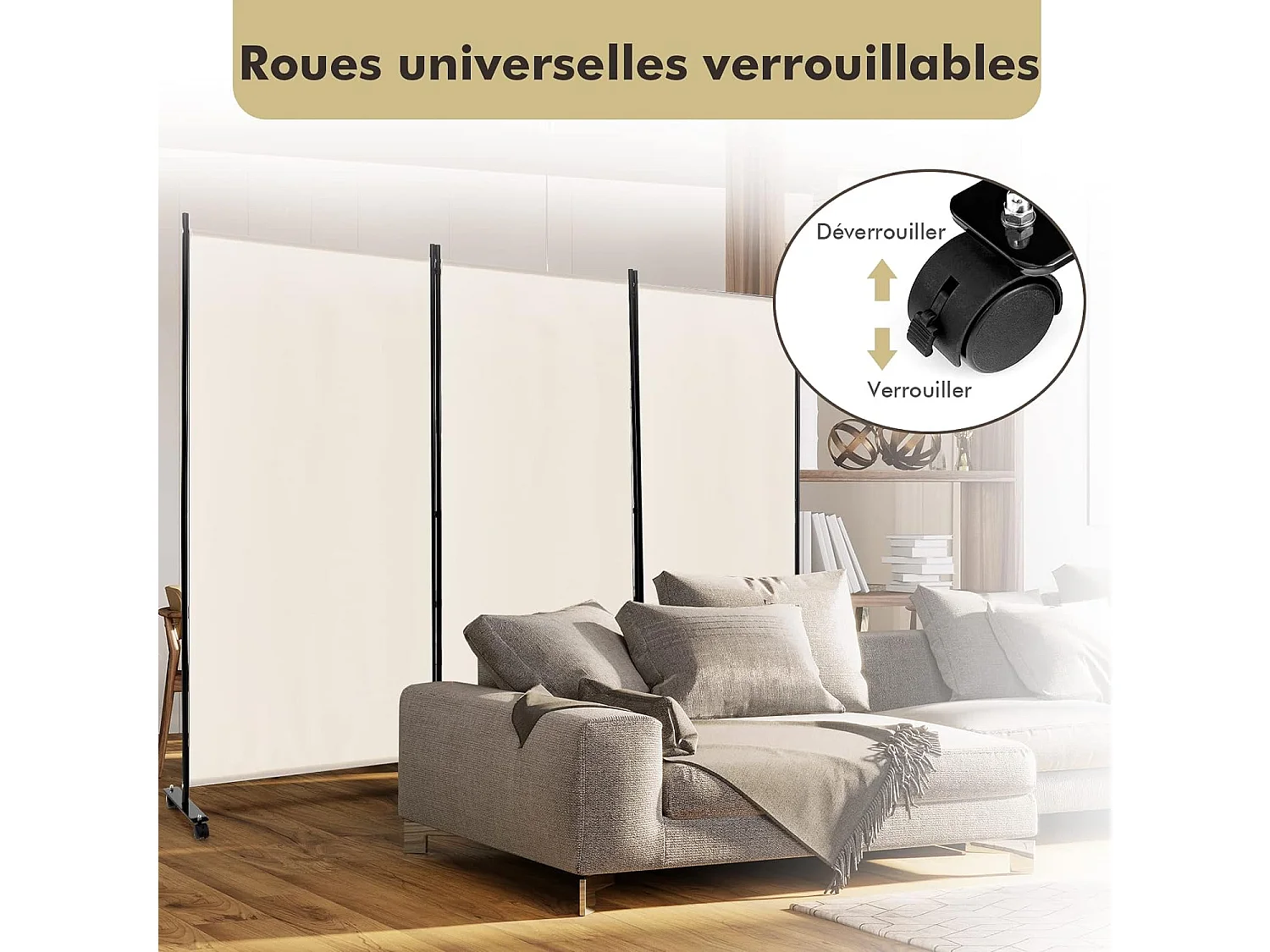 Paravent Intérieur à 3 Panneaux Pliable Détachables 262x180cm