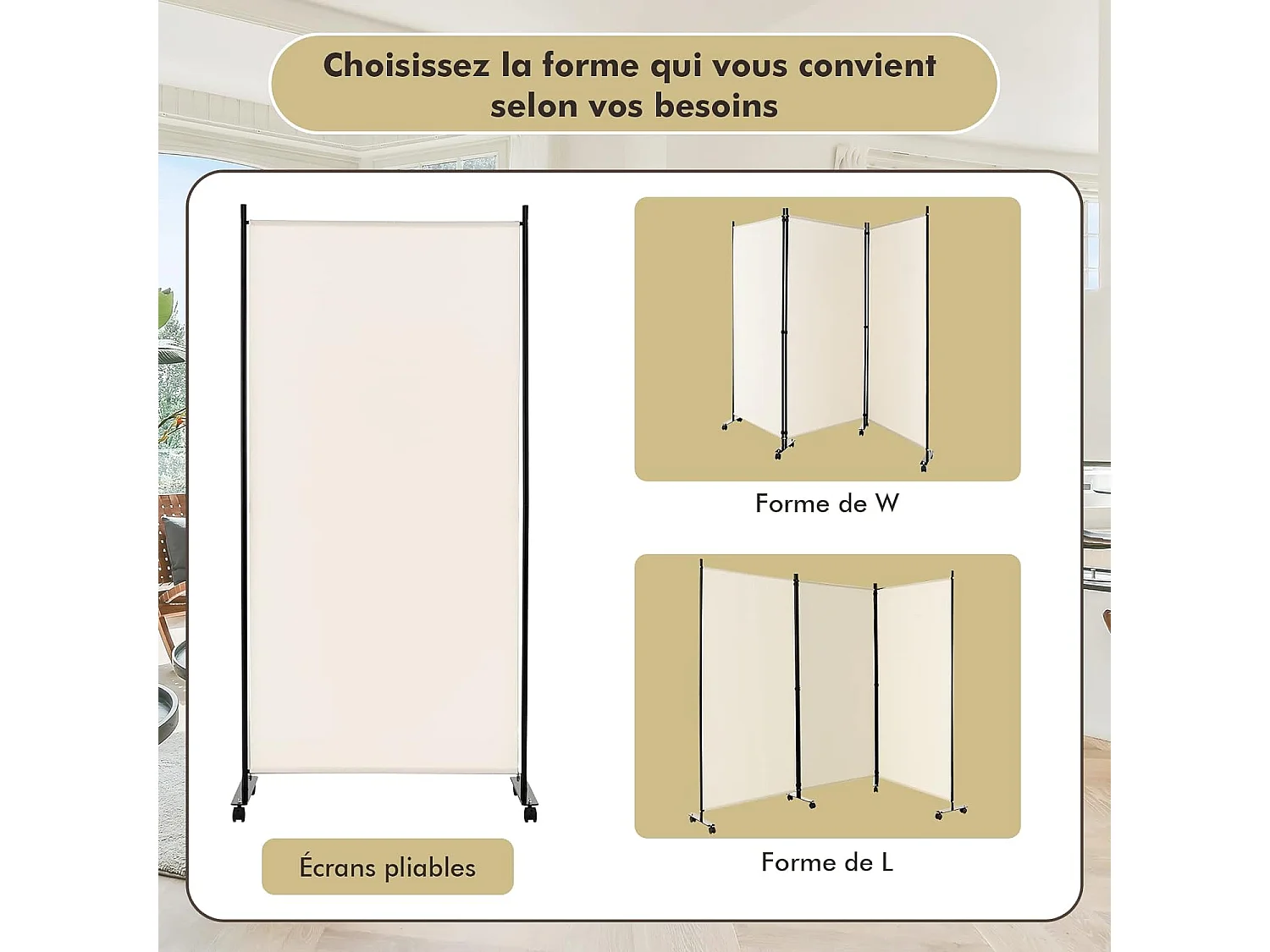 Paravent Intérieur à 3 Panneaux Pliable Détachables 262x180cm