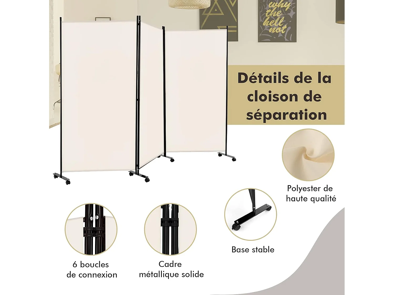 Paravent Intérieur à 3 Panneaux Pliable Détachables 262x180cm
