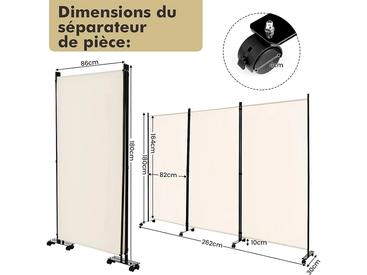 Paravent Intérieur à 3 Panneaux Pliable Détachables 262x180cm