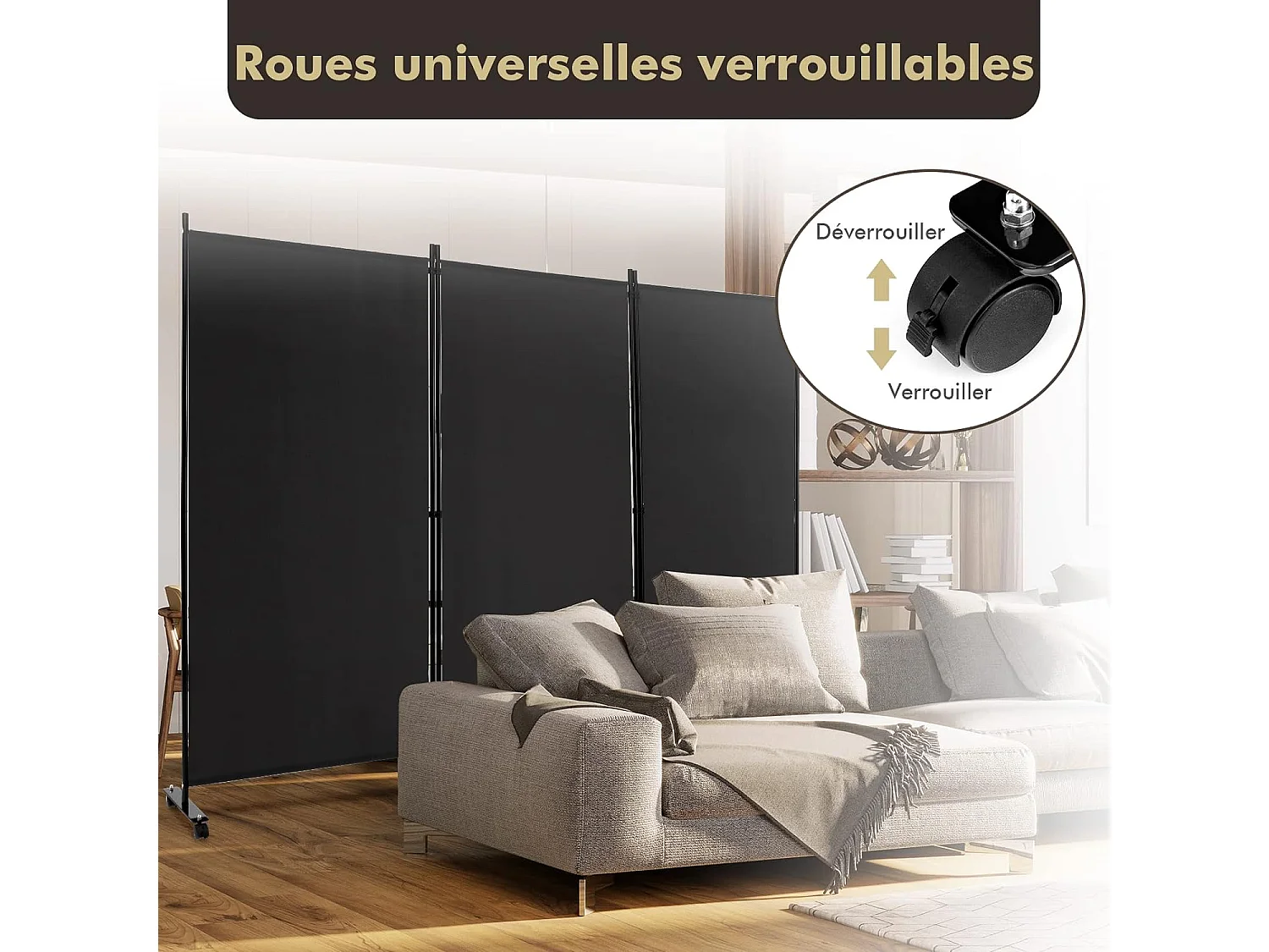 Paravent Intérieur à 3 Panneaux Pliable Détachables 262x180cm