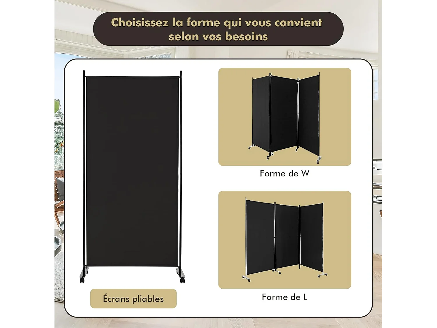 Paravent Intérieur à 3 Panneaux Pliable Détachables 262x180cm