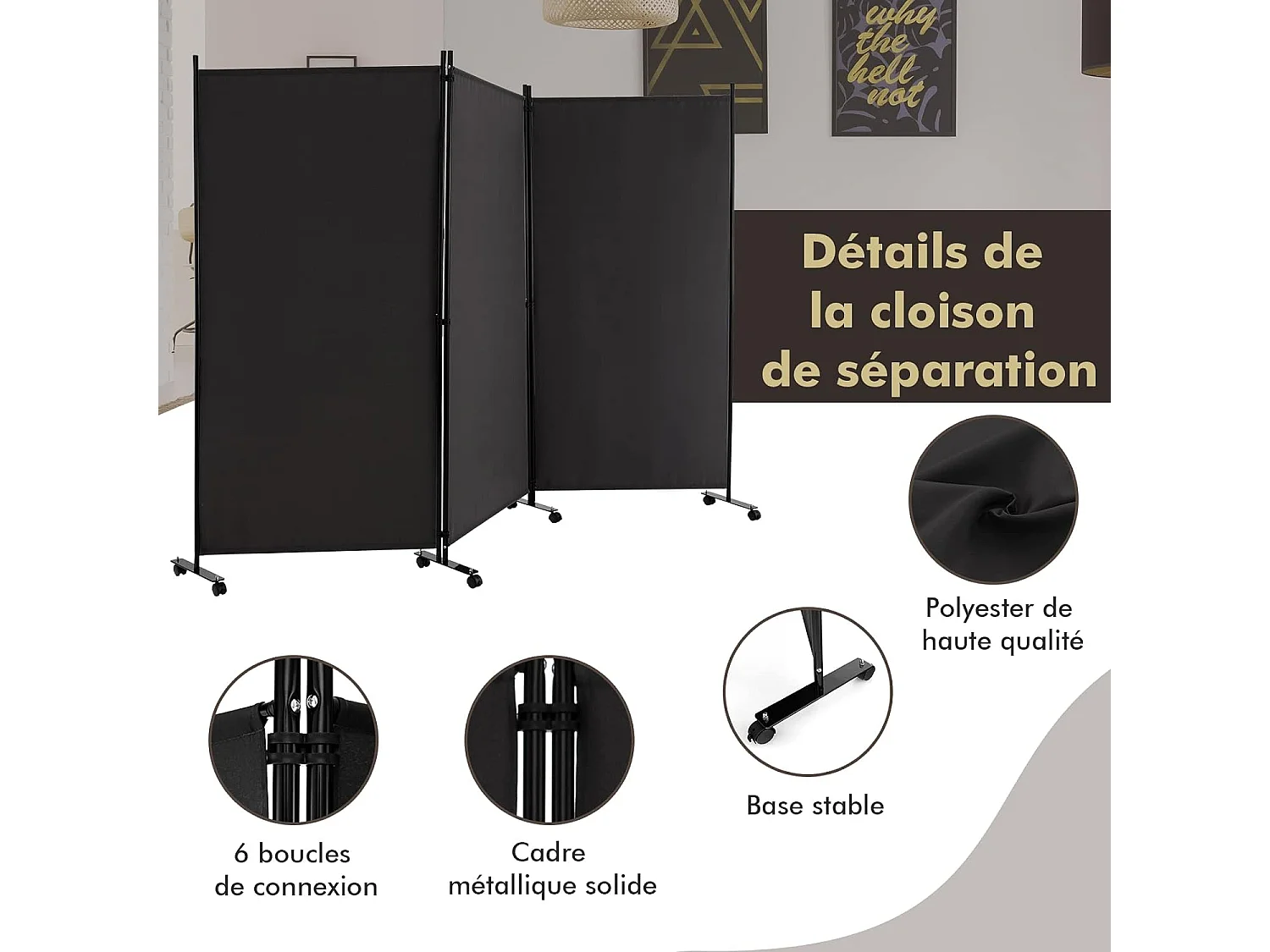 Paravent Intérieur à 3 Panneaux Pliable Détachables 262x180cm