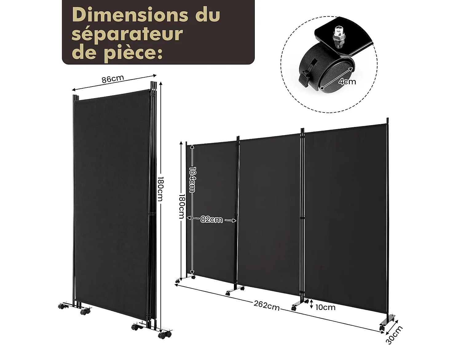 Paravent Intérieur à 3 Panneaux Pliable Détachables 262x180cm