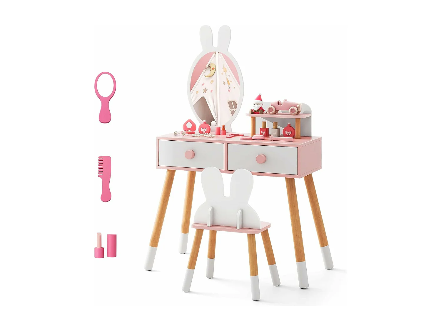 Coiffeuse Enfant 2 en 1 avec Miroir en Forme Lapin,2 Tiroirs,Style de Princesse pour Fille (Blanc)