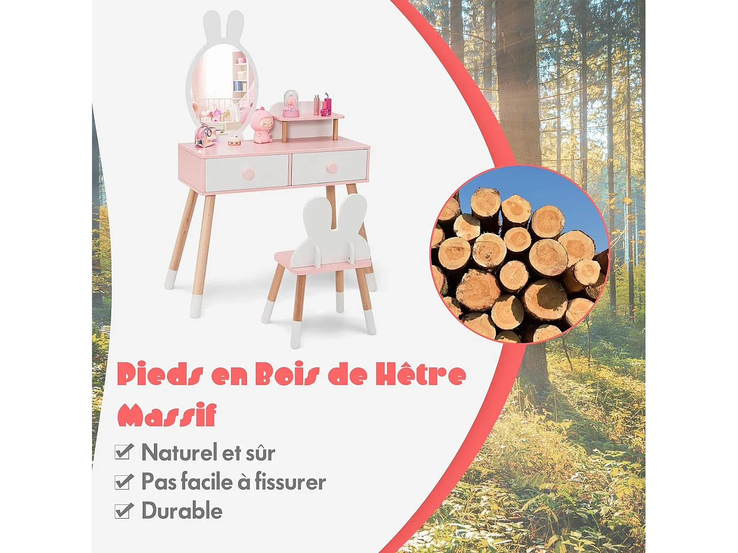 Coiffeuse Enfant 2 en 1 avec Miroir en Forme Lapin,2 Tiroirs,Style de Princesse pour Fille (Blanc)