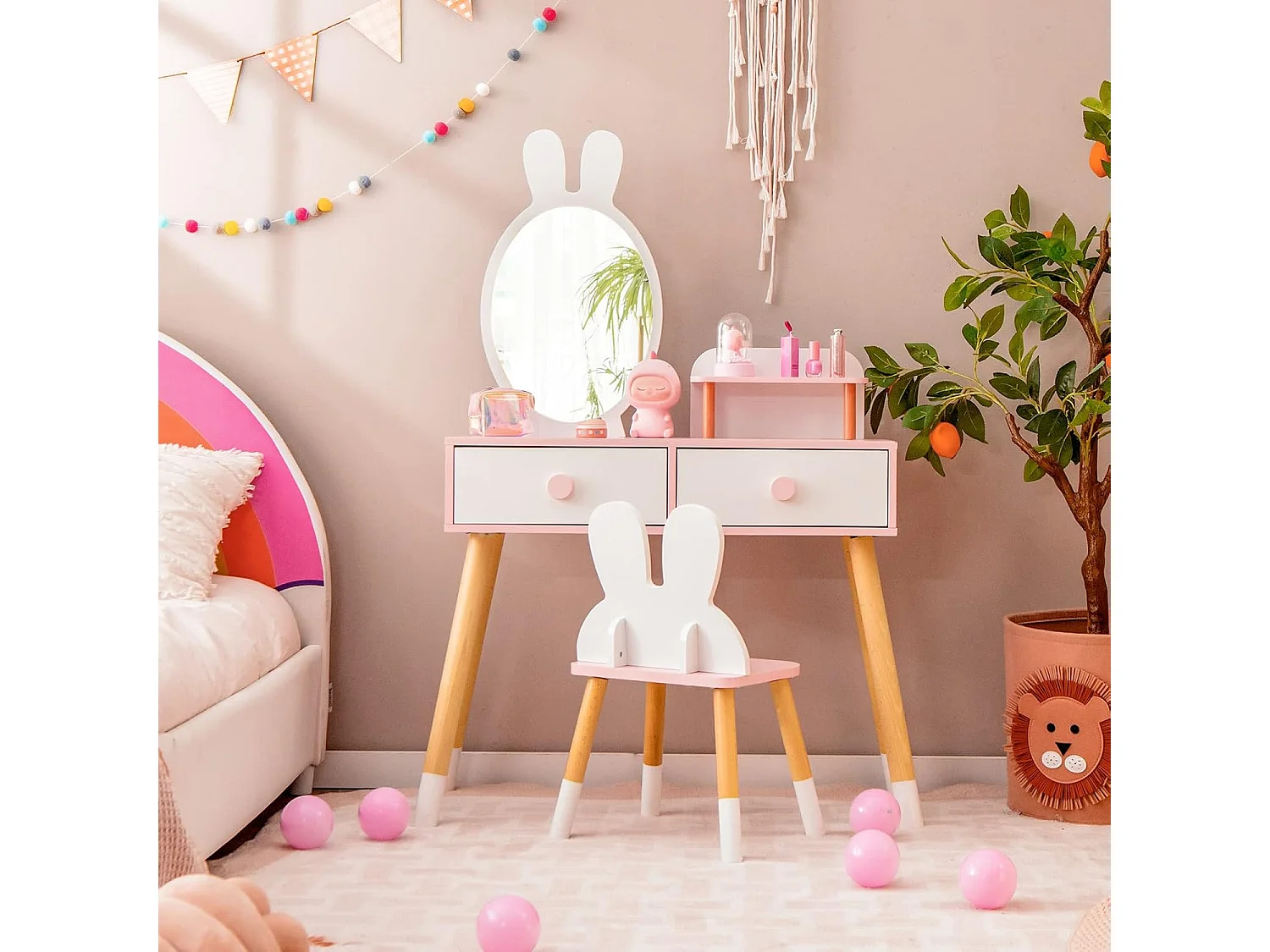 Coiffeuse Enfant 2 en 1 avec Miroir en Forme Lapin,2 Tiroirs,Style de Princesse pour Fille (Blanc)
