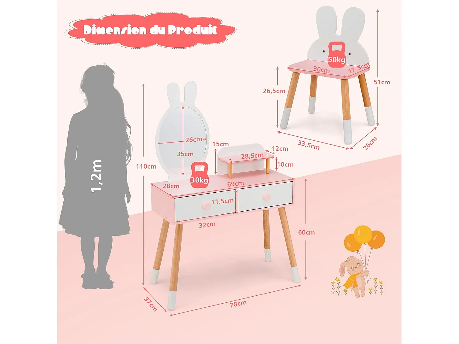 Coiffeuse Enfant 2 en 1 avec Miroir en Forme Lapin,2 Tiroirs,Style de Princesse pour Fille (Blanc)