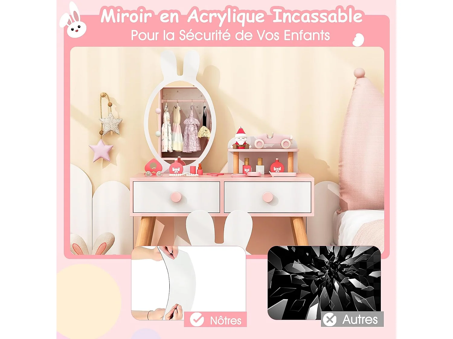 Coiffeuse Enfant 2 en 1 avec Miroir en Forme Lapin,2 Tiroirs,Style de Princesse pour Fille (Blanc)