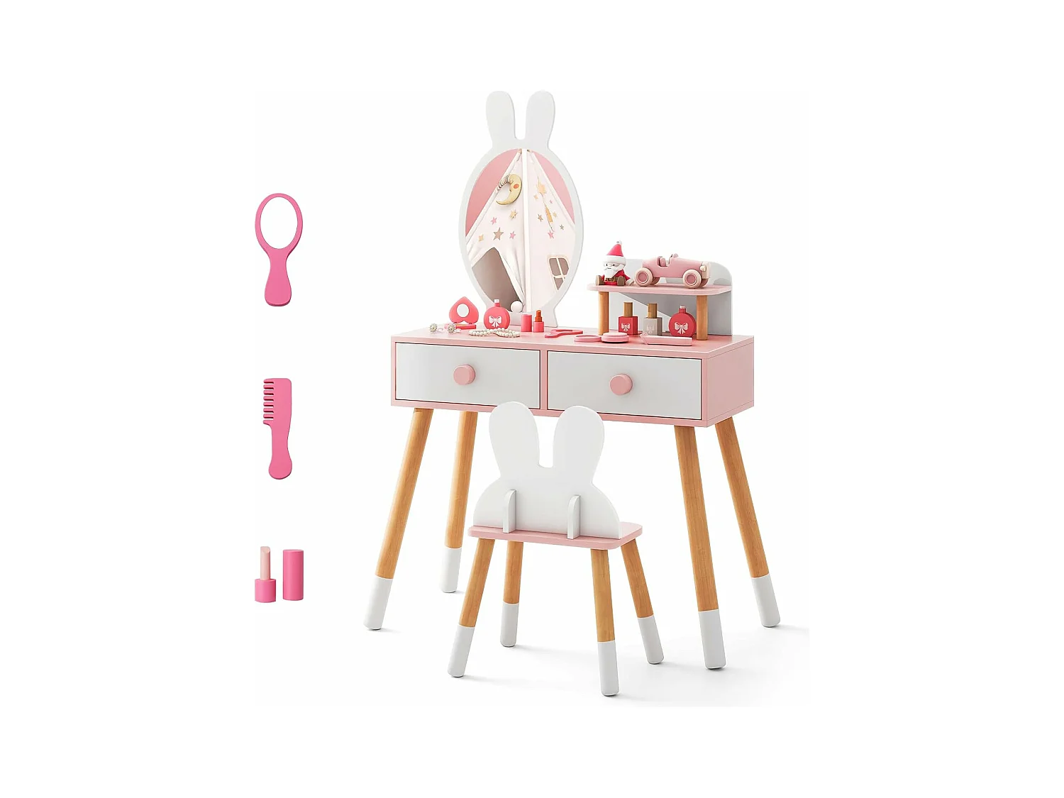 2 in 1 kinderkaptafel met konijnvormige spiegel, houten make-uptafel met schattige kruk, 2 laden, opbergplank, prinsesstijl voor meisjes (wit)