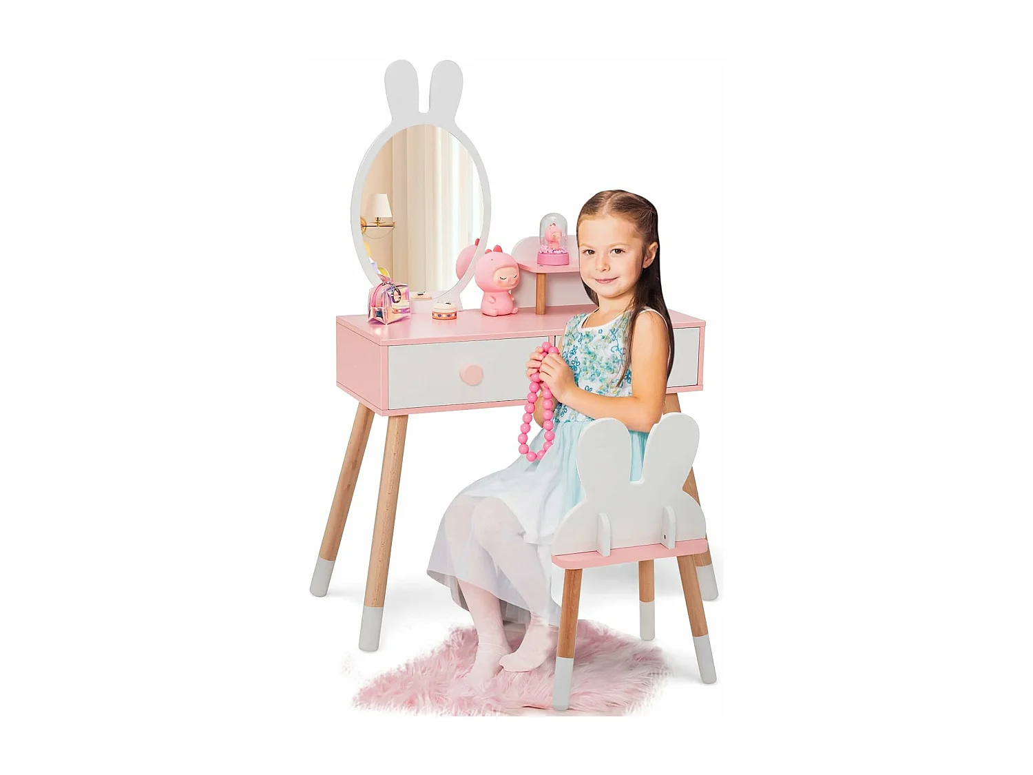 Coiffeuse Enfant 2 en 1 avec Miroir en Forme Lapin,2 Tiroirs,Style de Princesse pour Fille (Blanc)