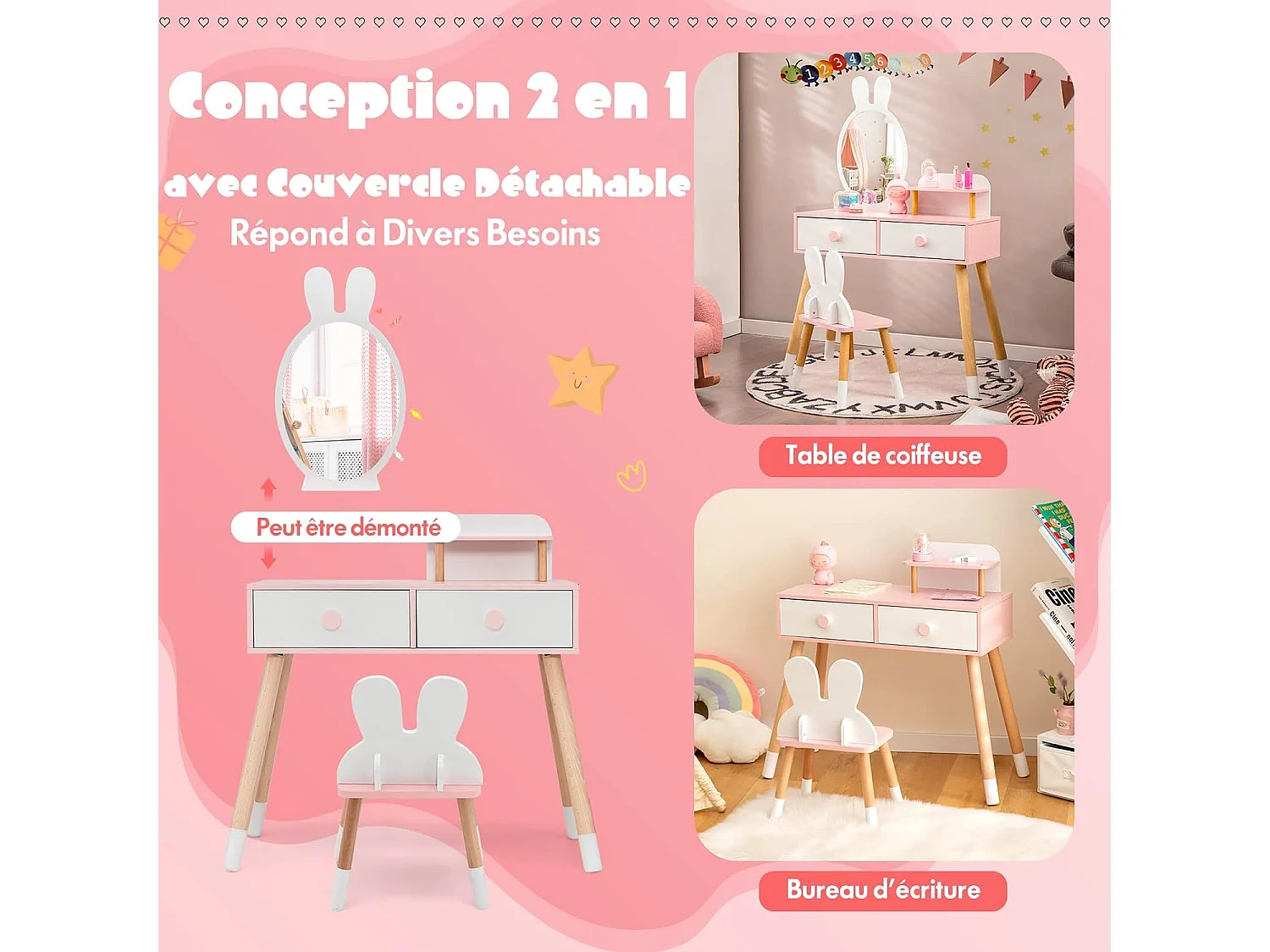 Coiffeuse Enfant 2 en 1 avec Miroir en Forme Lapin,2 Tiroirs,Style de Princesse pour Fille (Blanc)