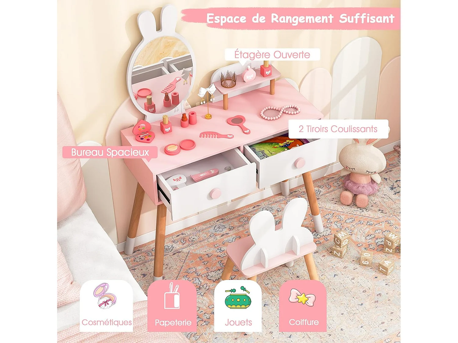 Coiffeuse Enfant 2 en 1 avec Miroir en Forme Lapin,2 Tiroirs,Style de Princesse pour Fille (Blanc)