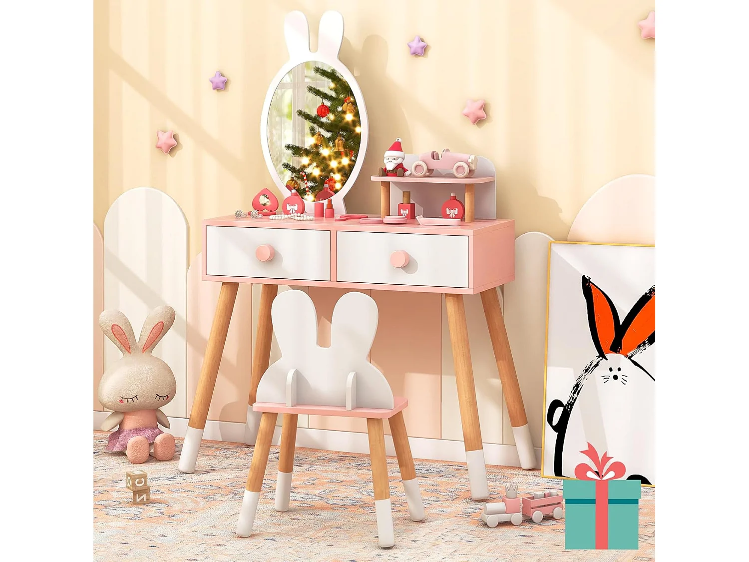 Coiffeuse Enfant 2 en 1 avec Miroir en Forme Lapin,2 Tiroirs,Style de Princesse pour Fille (Blanc)