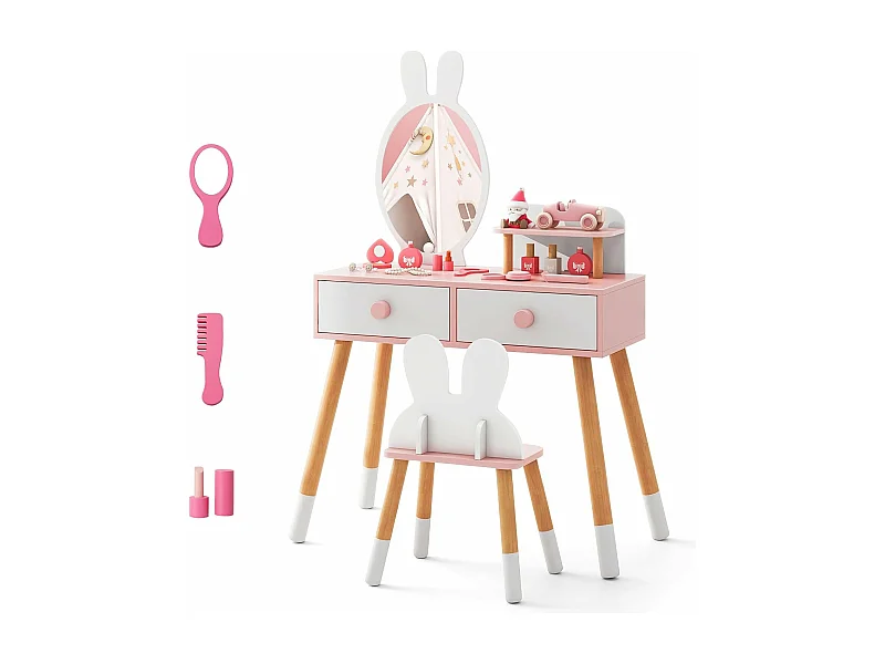 Coiffeuse Enfant 2 en 1 avec Miroir en Forme Lapin,2 Tiroirs,Style de Princesse pour Fille (Blanc)