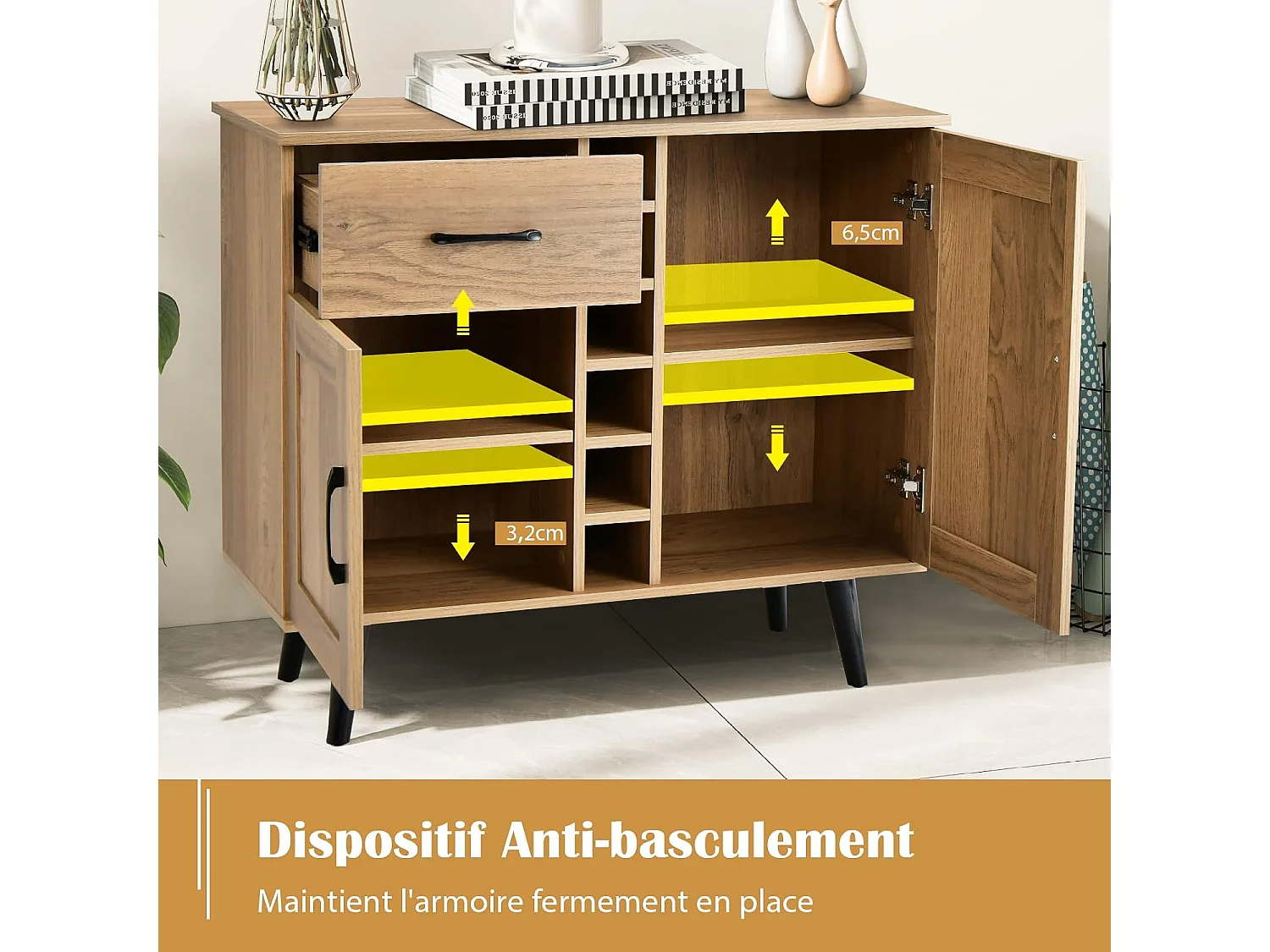 Buffet Cuisine Industriel avec 6 Porte-Bouteilles, Placard 2 Portes, 90 x 40 x 79 cm