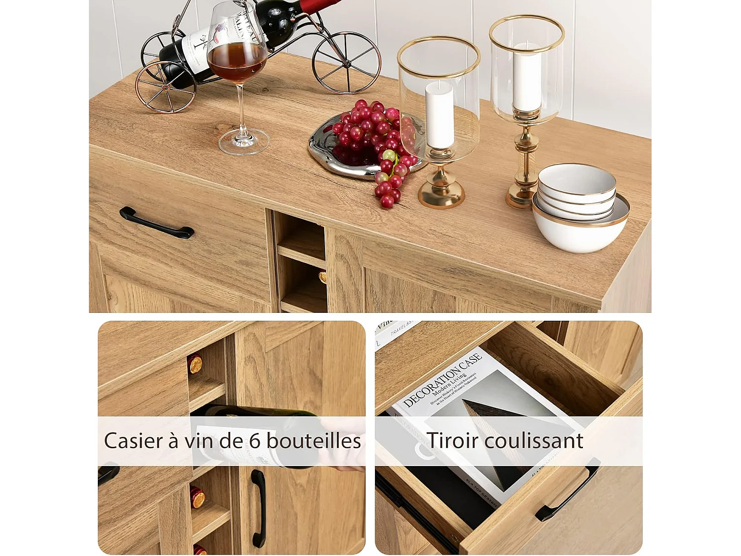 Buffet Cuisine Industriel avec 6 Porte-Bouteilles, Placard 2 Portes, 90 x 40 x 79 cm