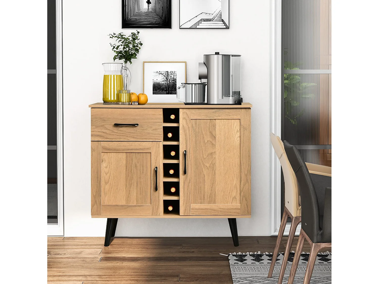 Buffet Cuisine Industriel 2P,6 Porte-Bouteilles,Tiroir,Cadre Métal,90x40x79cm,Naturel