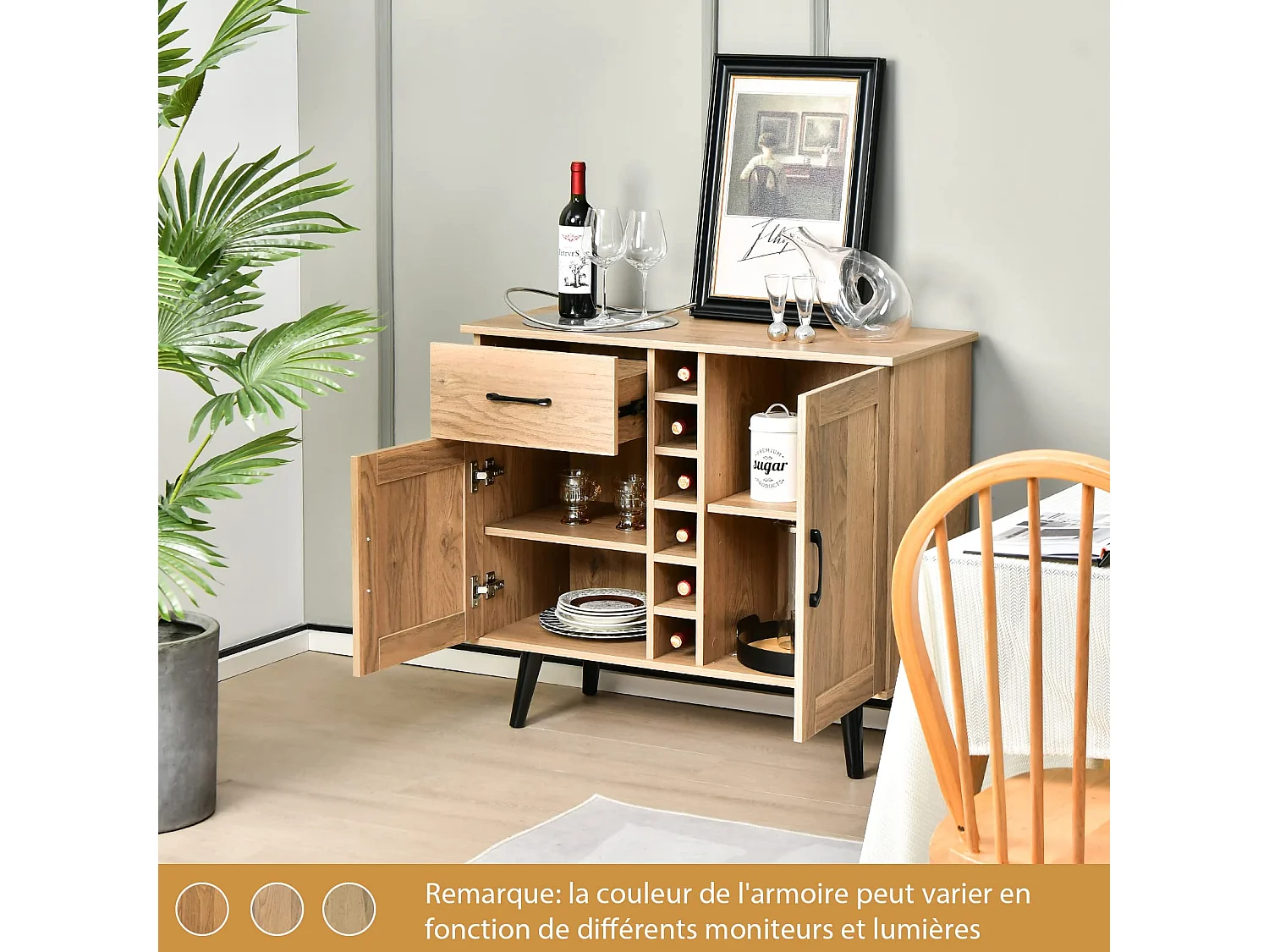 Buffet Cuisine Industriel 2P,6 Porte-Bouteilles,Tiroir,Cadre Métal,90x40x79cm,Naturel