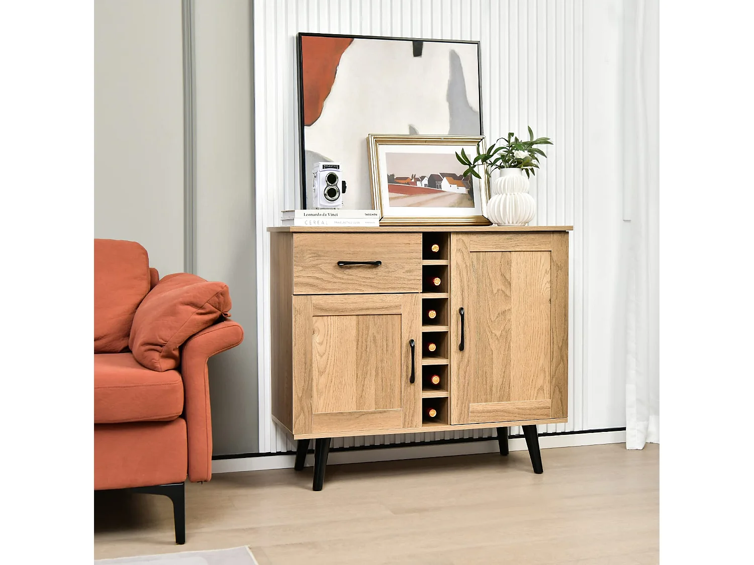 Buffet Cuisine Industriel 2P,6 Porte-Bouteilles,Tiroir,Cadre Métal,90x40x79cm,Naturel