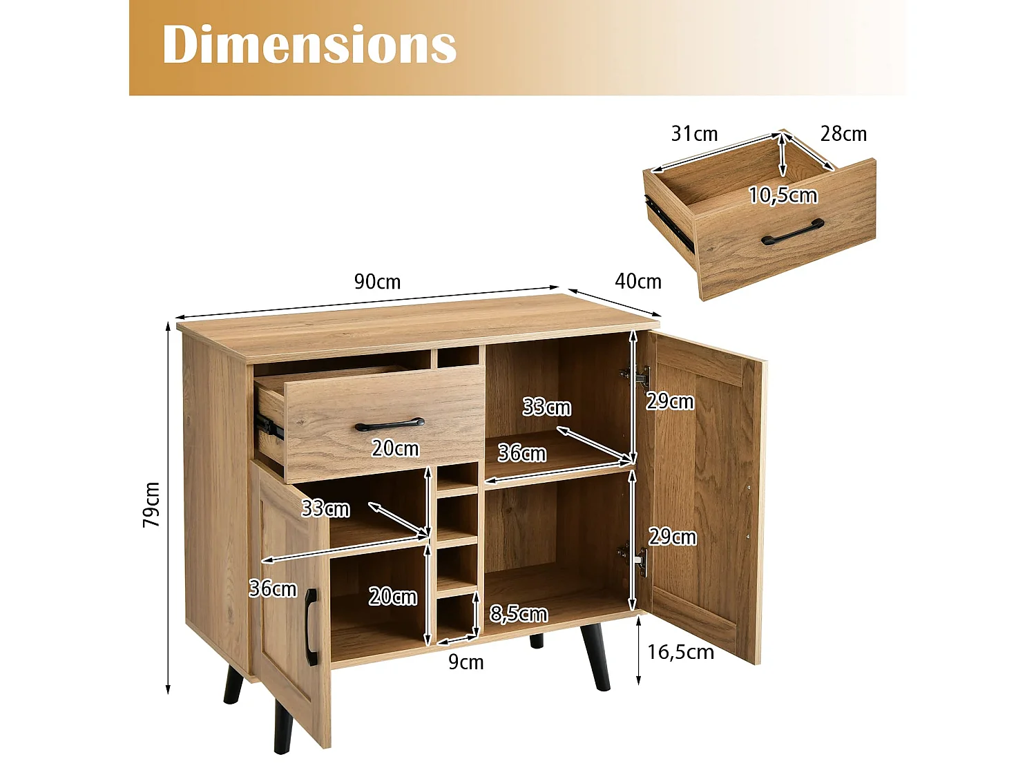 Buffet Cuisine Industriel 2P,6 Porte-Bouteilles,Tiroir,Cadre Métal,90x40x79cm,Naturel