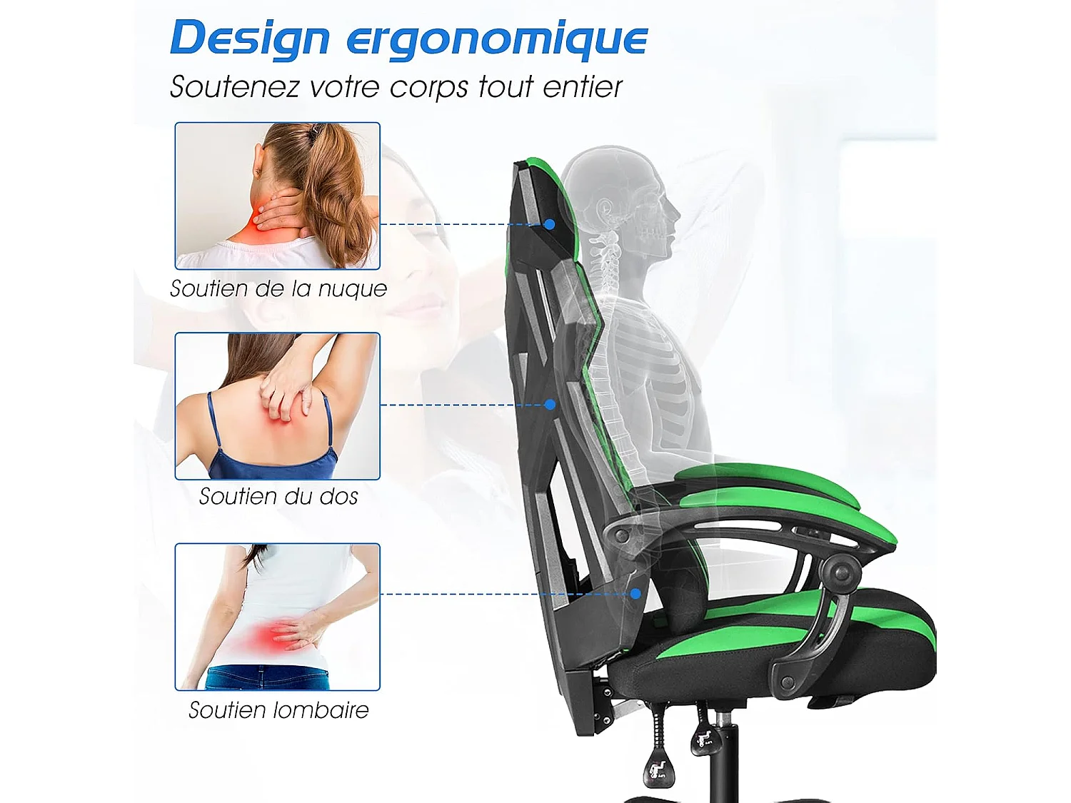 Chaise de Bureau/Chaise Gaming Ergonomique à Dossier Haut, Fauteuil Gamer Réglable avec Renfort Lombaire et Accoudoirs Rembourrés, Charge Max 120KG Vert