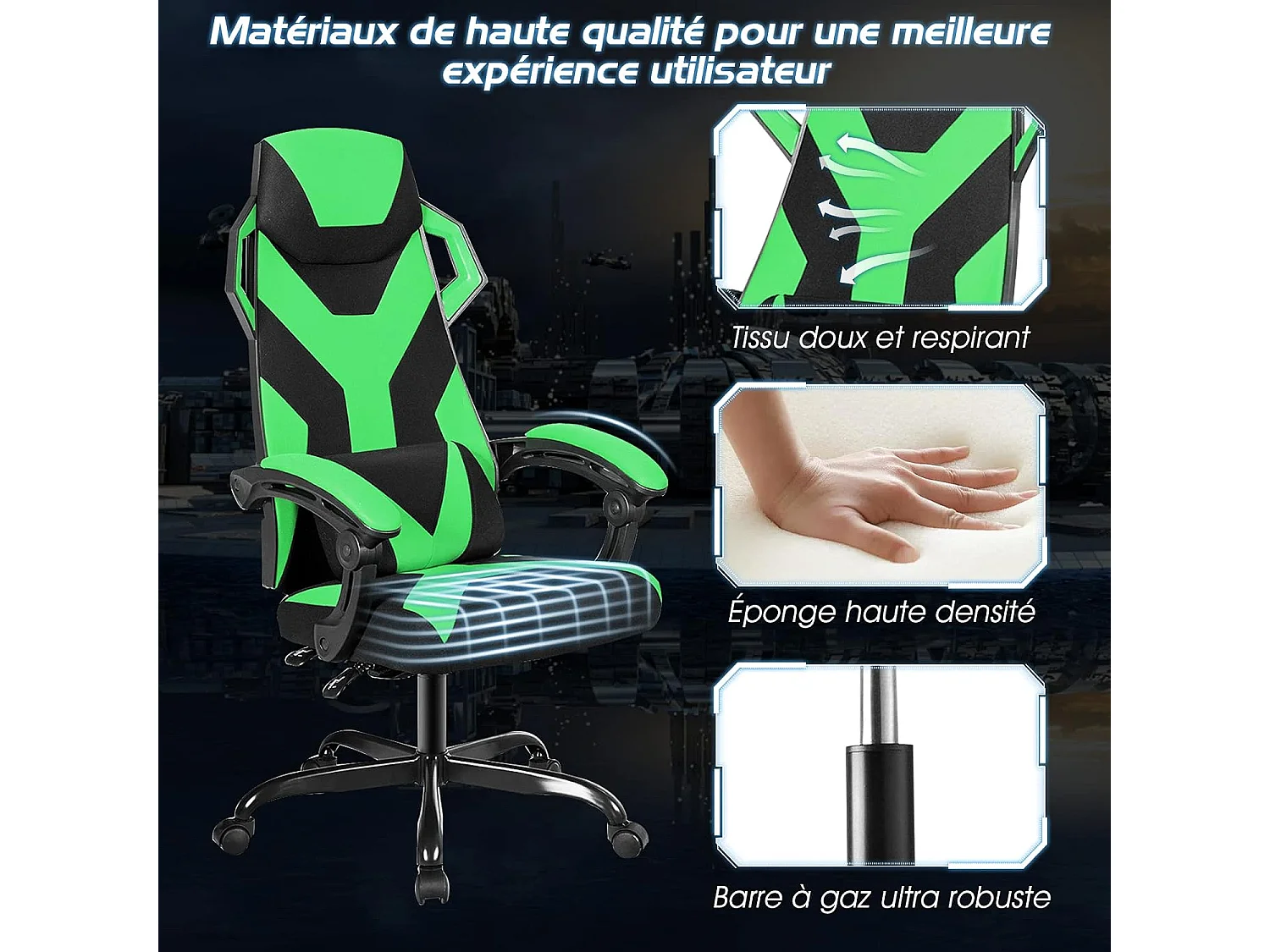 Chaise de Bureau/Chaise Gaming Ergonomique à Dossier Haut, Fauteuil Gamer Réglable avec Renfort Lombaire et Accoudoirs Rembourrés, Charge Max 120KG Vert