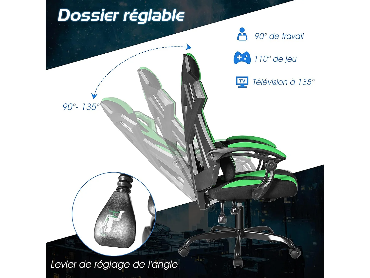 Chaise de Bureau/Chaise Gaming Ergonomique à Dossier Haut, Fauteuil Gamer Réglable avec Renfort Lombaire et Accoudoirs Rembourrés, Charge Max 120KG Vert