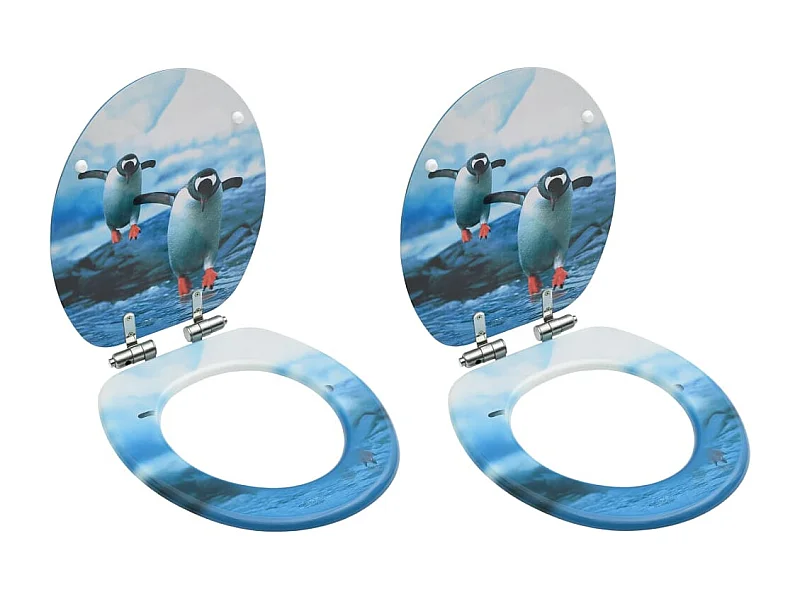 Juego de dos asientos de tapa de inodoro con tapas de cierre suave Pingüinos de MDF 02_0002983