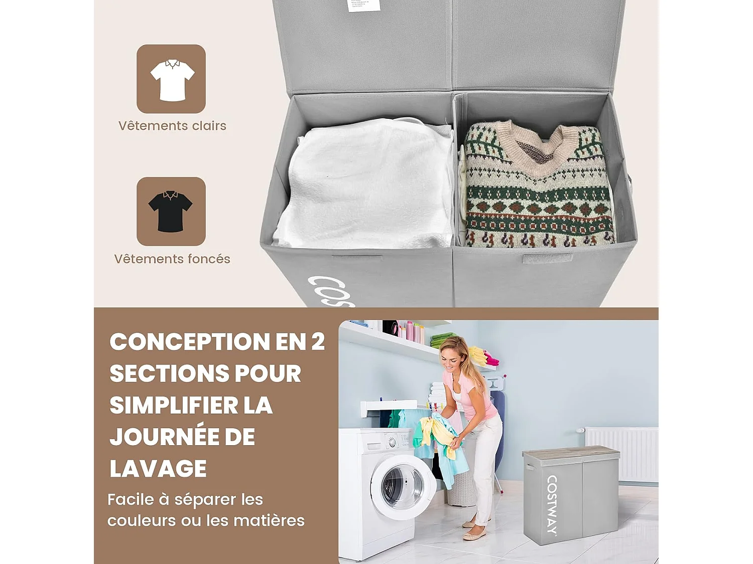 Panier à Linge 2 Compartiments, 62 x 31 x 60 CM, Gris