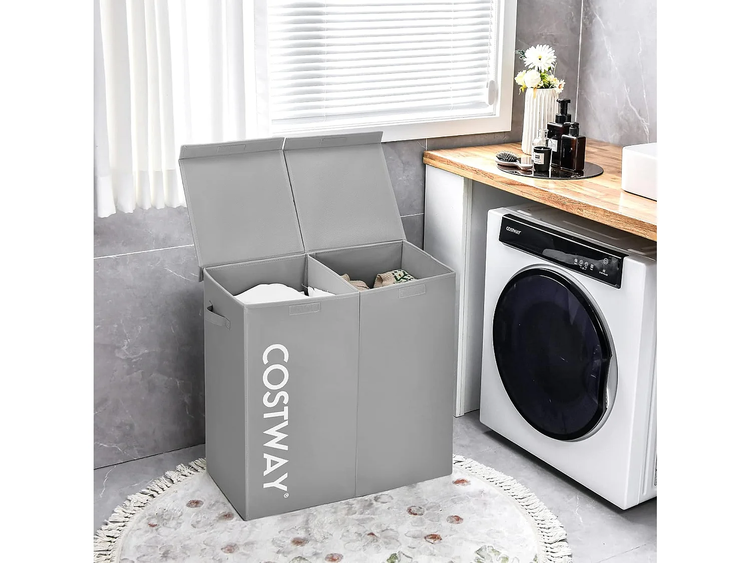 Panier à Linge 2 Compartiments, 62 x 31 x 60 CM, Gris