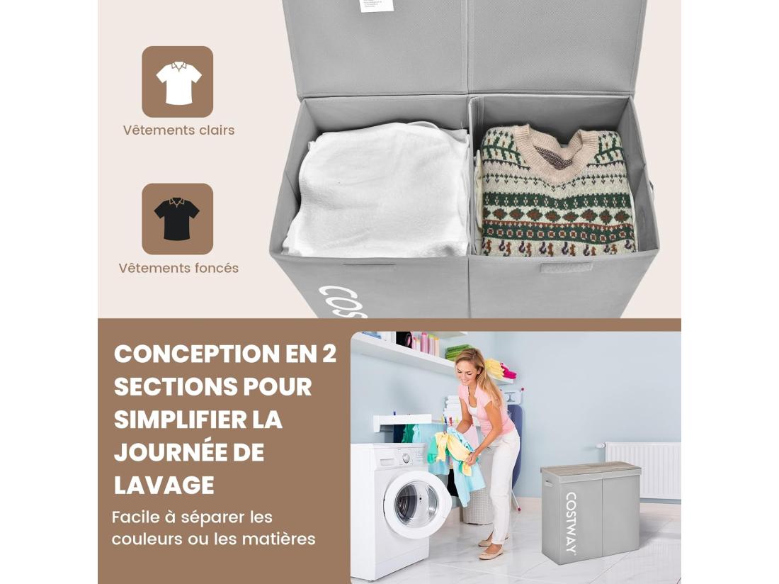 vente unique Panier à Linge 2 Compartiments 62 x 31 x 60 CM Gris