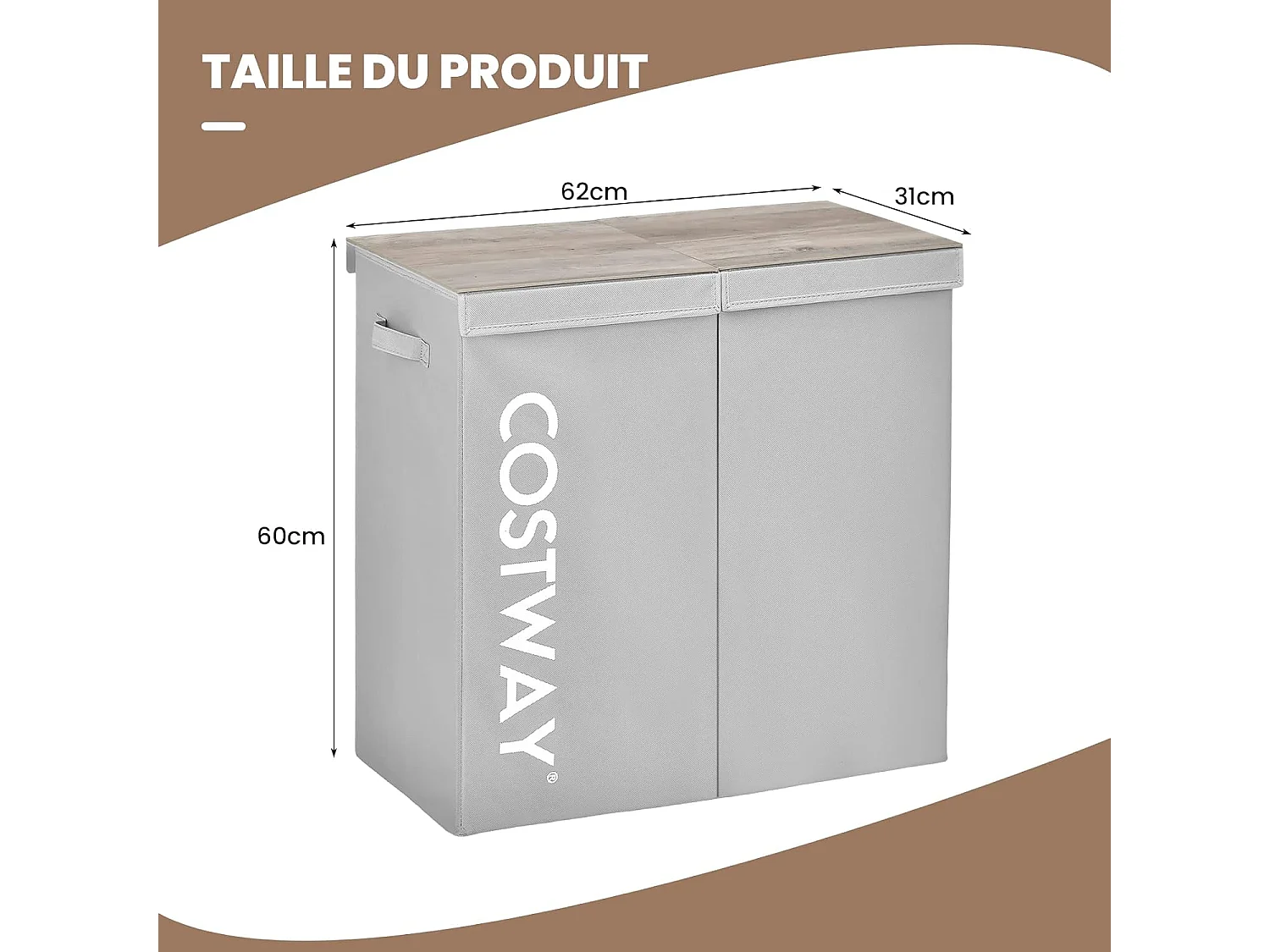 Panier à Linge 2 Compartiments, 62 x 31 x 60 CM, Gris