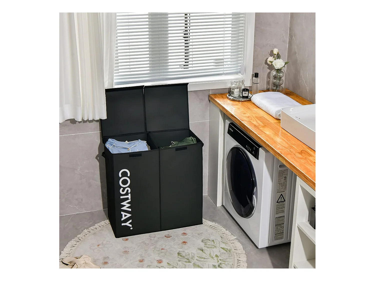 Panier à Linge 2 Compartiments, Chambre,62 x 31 x 60 CM, Noir