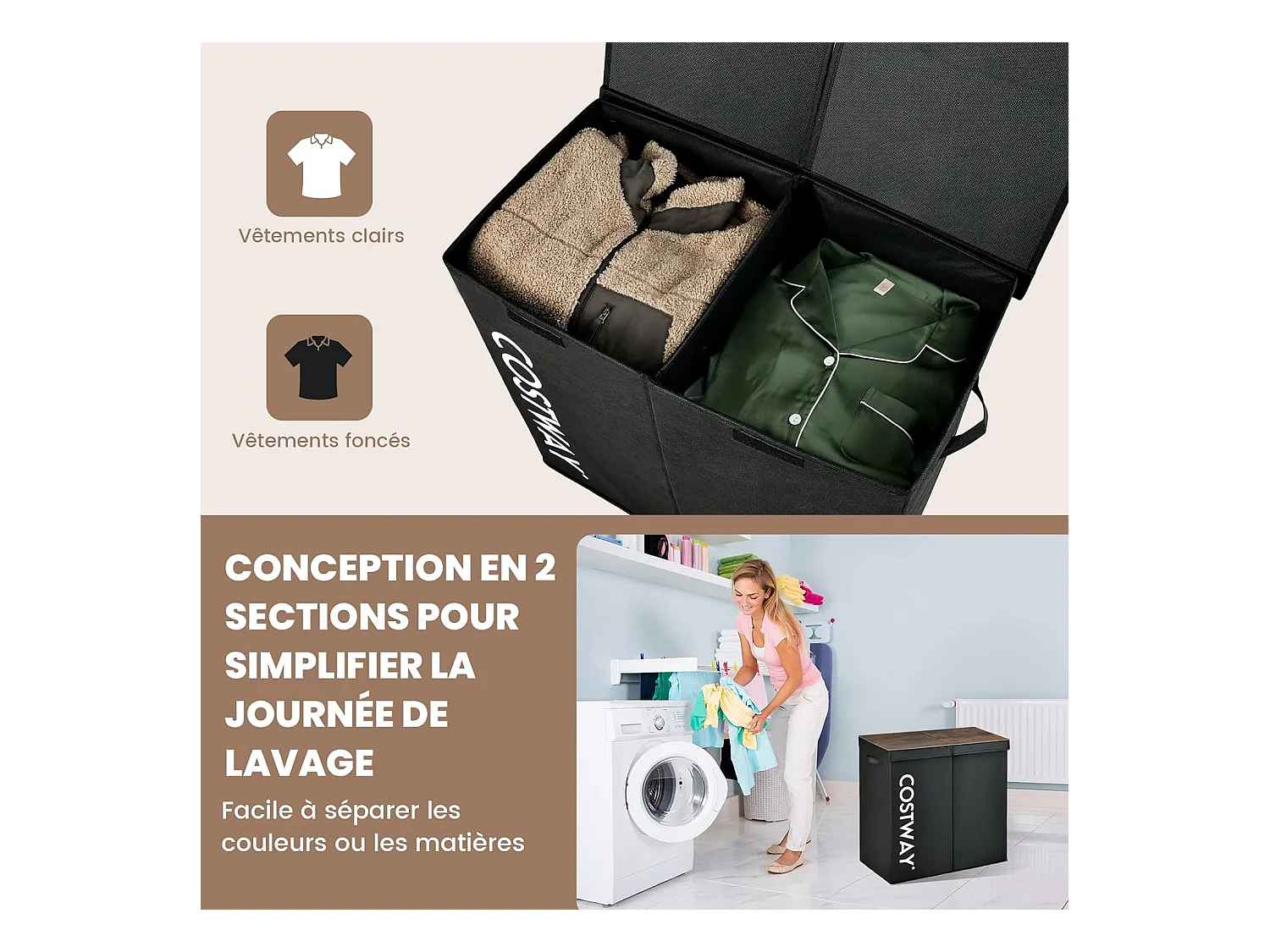 Panier à Linge 2 Compartiments, Chambre,62 x 31 x 60 CM, Noir