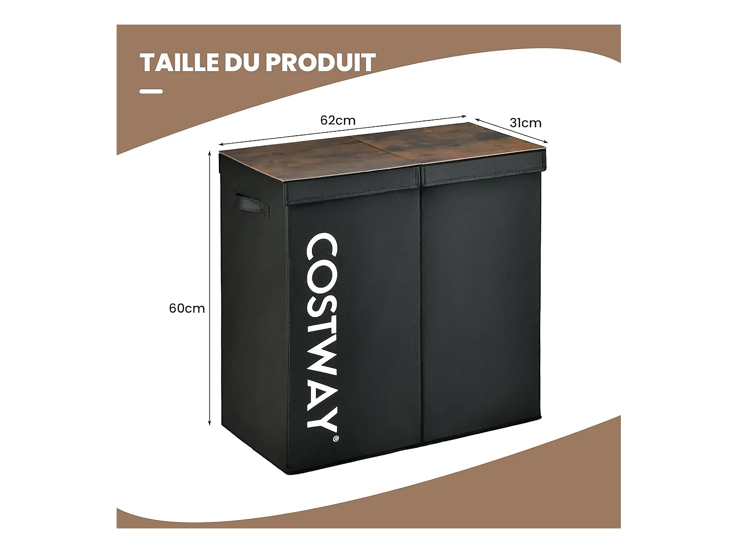 Panier à Linge 2 Compartiments, Chambre,62 x 31 x 60 CM, Noir