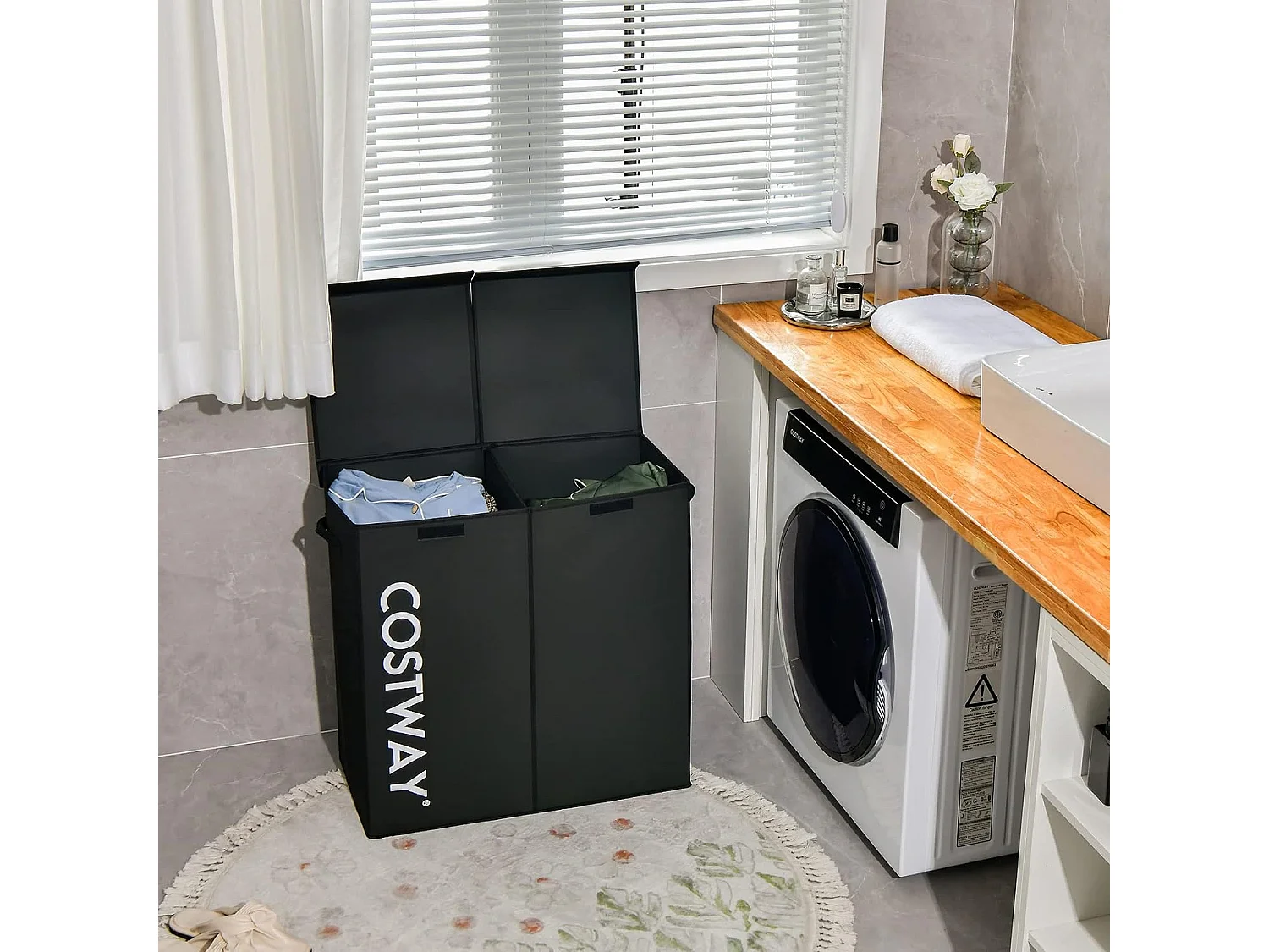 Panier à Linge 2 Compartiments, Chambre,62 x 31 x 60 CM, Noir