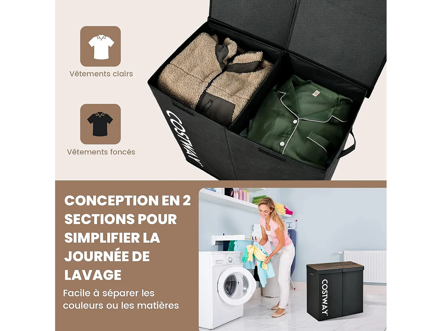 Panier à Linge 2 Compartiments, Chambre,62 x 31 x 60 CM, Noir