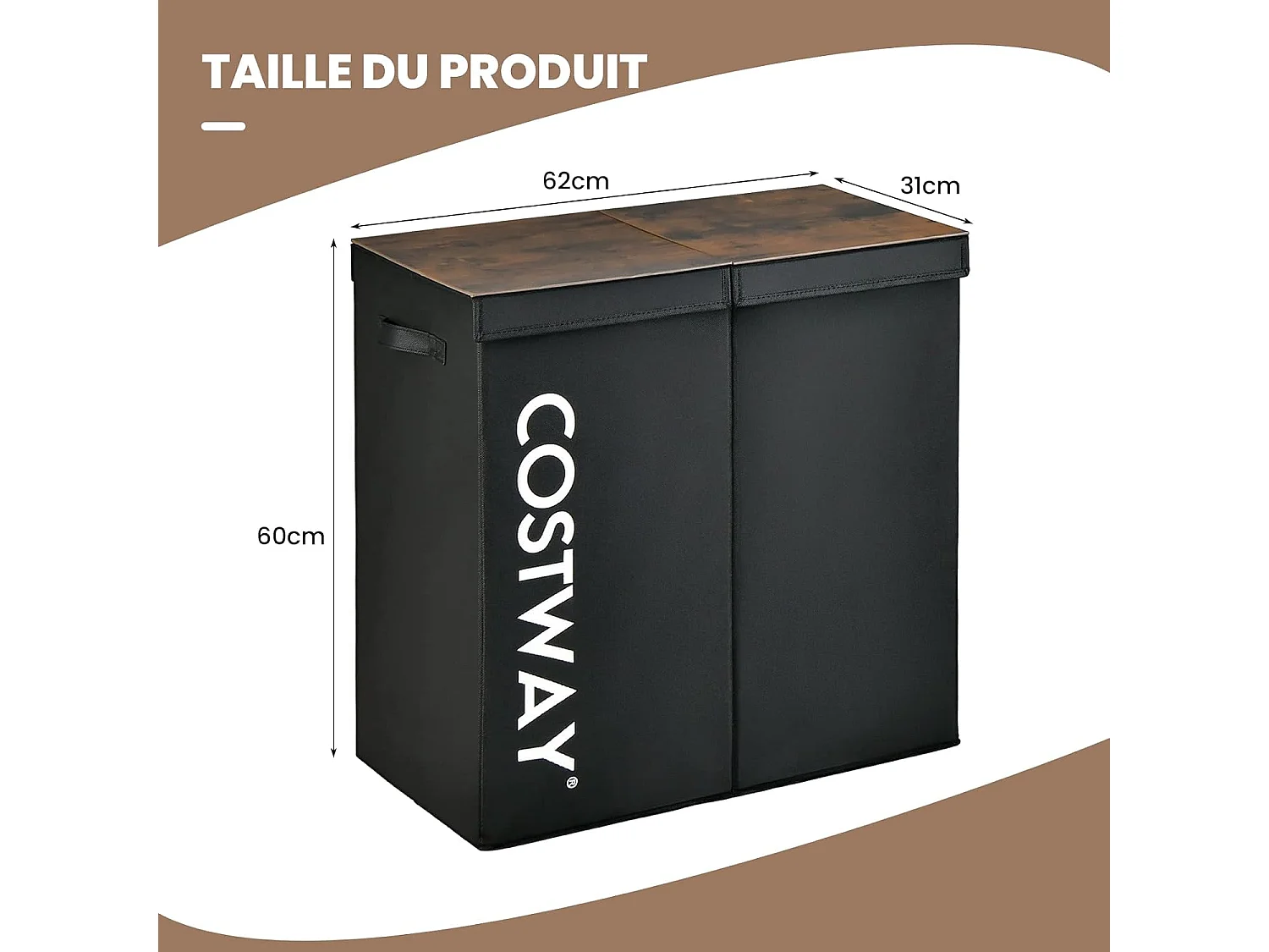 Panier à Linge 2 Compartiments, Chambre,62 x 31 x 60 CM, Noir