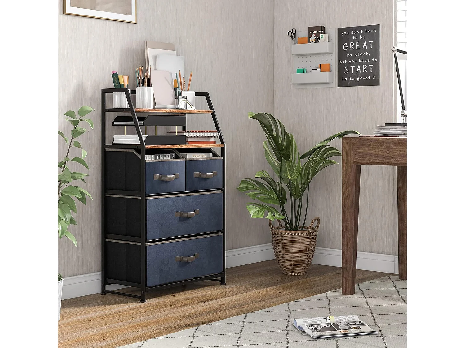 Commode en Tissu avec 4 Tiroirs, 2 Étagères, Commode meuble de rangement Cadre en Métal pour Salon, Entrée, 84 x 30 x 85 cm