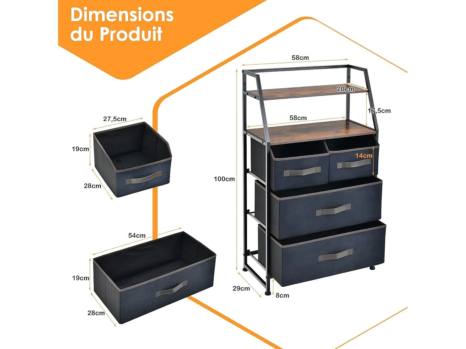 Commode en Tissu avec 4 Tiroirs, 2 Étagères, Commode meuble de rangement Cadre en Métal pour Salon, Entrée, 84 x 30 x 85 cm